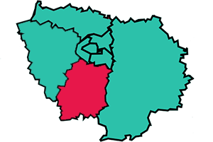 Carte de l'&Icirc;le-de-France dont le fond est vert avec l'Essonne en rose