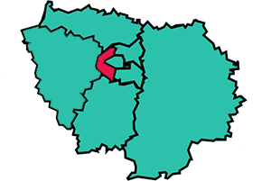 Carte de l'Île-de-France dont le fond est vert avec les Hauts-de-Seine en rose
