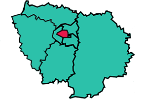 Carte de l'Île-de-France dont le fond est vert avec Paris en rose