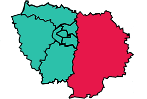 Carte de l'&Icirc;le-de-France dont le fond est vert avec la Seine-et-Marne en rose