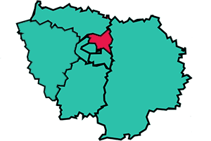 Carte de l'&Icirc;le-de-France dont le fond est vert avec la Seine-Saint-Denis en rose