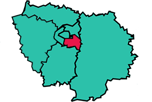 Carte de l'&Icirc;le-de-France dont le fond est vert avec le Val-de-Marne en rose