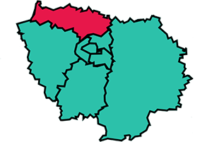 Carte de l'&Icirc;le-de-France dont le fond est vert avec le Val d'Oise en rose
