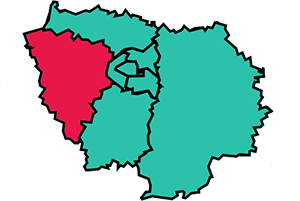 Carte de l'&Icirc;le-de-France dont le fond est vert avec les Yvelines en rose