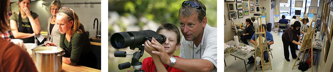 photos d'un homme apprenant la photographie à un enfant, atelier culinaire, atelier peinture 