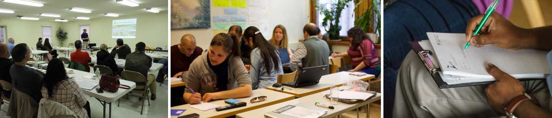 groupes de personnes  qui suivent un cours, personnes qui travaillent, personne qui écrit 