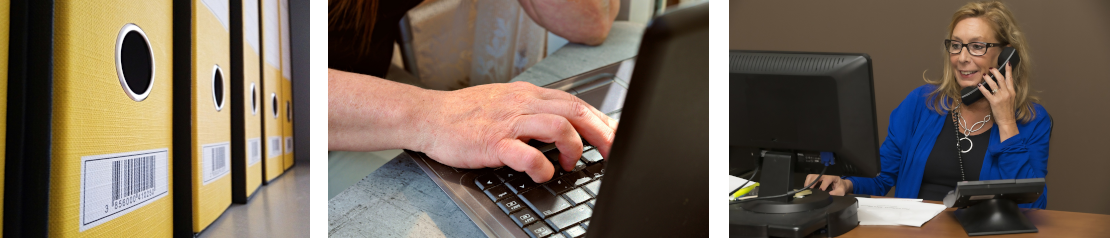 classeurs, personne tapant sur un clavier d'ordinateur, secrétaire parlant au téléphone 