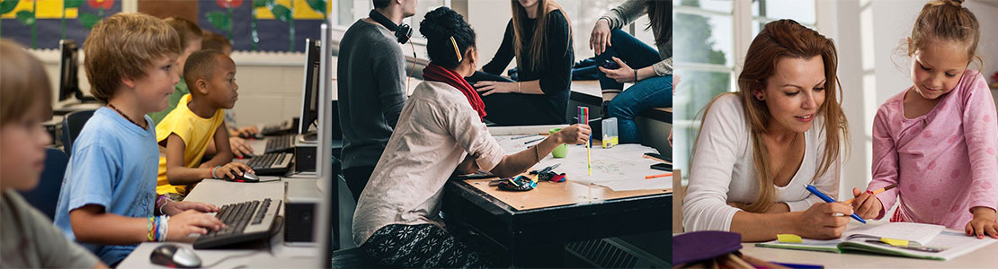 Images de la rentrée 2021 : enfants travaillant sur des ordinateurs, étudiants travaillant sur un projet, séance de devoirs entre une femme et une enfant