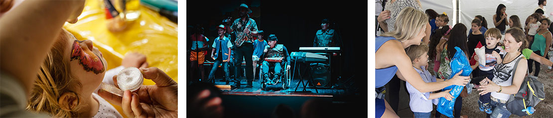 Photos d'enfants se maquillant, jouant un spectacle de musique et enfants durant une opération de sensibilisation