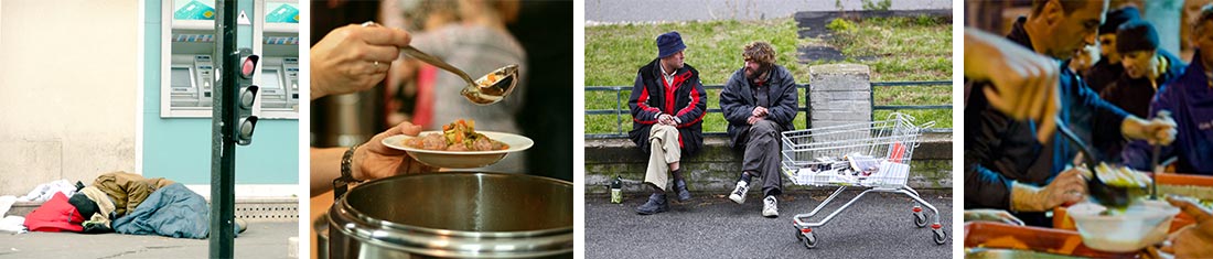 Photos de personnessans domicile et de bénévoles distribuant des repas