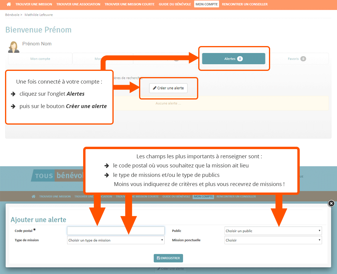 Etapes pour créer une alerte sur les missions